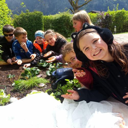 Kinder vor dem Hochbeet